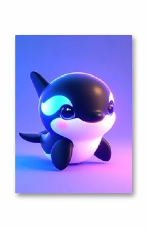 Cute 3D cartoon baby orca glowing with soft neon lights, perfect for kids' media, animations, games, and playful branding.