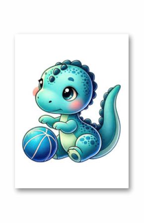 A cute, funny green cartoon turtle swims with a smile in the blue ocean
