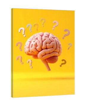 3D cartoon brain with a worried face surrounded by floating question marks on solid yellow background. Symbol of confusion, anxiety, problem-solving, mental health, decision-making, and cognitive over