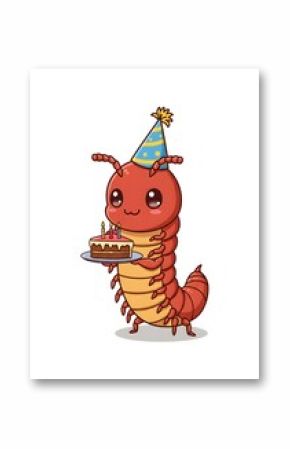 Cute Cartoon Centipede Celebrating a Birthday with Cake