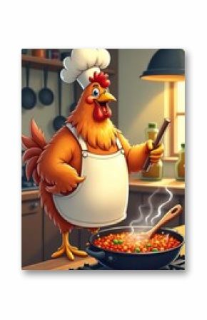 A friendly cartoon chicken chef stirring food in a kitchen.
