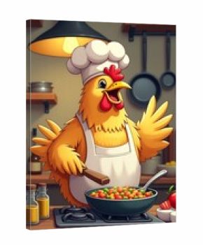 Adorable cartoon chicken in a chef's hat and apron cooking colorful vegetables on a stove.