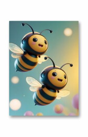 3D render of two cute cartoon bees flying
