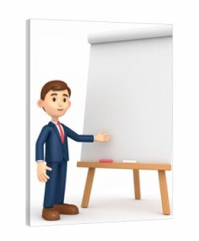 3D cartoon businessman in a suit giving a presentation, gesturing towards a blank flip chart easel. Isolated on a white background.