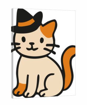 A cute cartoon cat with orange spots is wearing a black witch hat with an orange band, giving it a festive Halloween look.