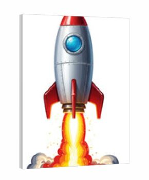 Rocket spaceship launch fire smoke cartoon illustration red silver blue window vertical isolated white background technology science adventure excitement travel exploration futuristic energy