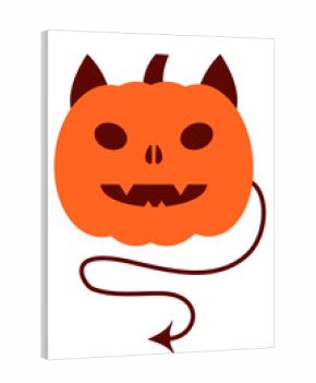Scary Halloween devil, pumpkin jack-o-lantern with ears and tail. Evil autumn/fall holiday vector illustration, festive decoration, cartoon character. High resolution PNG