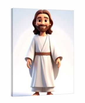 3D cartoon Jesus, smiling, light-skinned, long brown hair, white robe, simple design