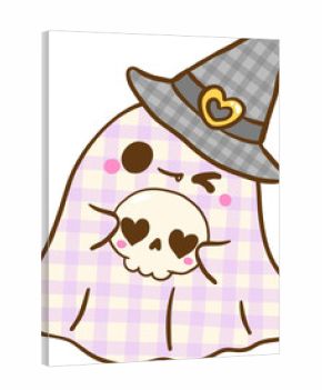 Cute Coquette Gingham Halloween Ghost With Skull and Plaid Witch Hat Hand Drawn