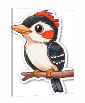 Sticker, cute cheerful cartoon woodpecker chick, white background