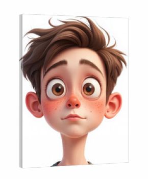 A digital illustration of a cartoon boy with exaggerated features, big brown eyes, and messy brown hair, conveying a curious and surprised expression on a plain white background.
