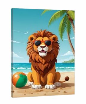 A cartoon lion wearing sunglasses sits on a beach with a beach ball.