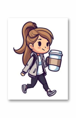 A vibrant tshirt design featuring a cute cartoon woman in office attire, struggling yet stylishly carrying a giant coffee mug.