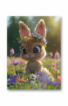 Cute 3D cartoon rabbit with a flower crown in a field of flowers