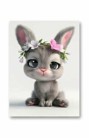 Adorable 3D cartoon rabbit with flower crown sitting on white background