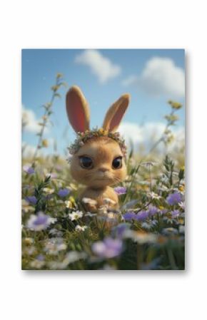 Cute 3D cartoon rabbit with a flower crown in a field of flowers