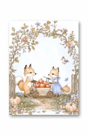 Whimsical illustration of two foxes with apple cart in floral garden