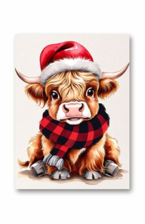 An illustration of a baby highland cow wearing a santa hat and a black and red plaid scarf