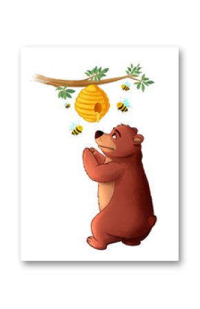 Cute, cartoon bear wants honey. Funny bear and cute honey bee from beehive