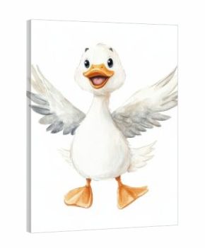 Cute and happy cartoon goose illustration in watercolor, perfect for nursery decor and children's rooms, featuring a cheerful expression and playful vibes