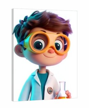 Colorful 3D cartoon style image of a young boy dressed as a scientist in a laboratory setting with safety equipment and holding a chemical flask representing education discovery and STEM learning