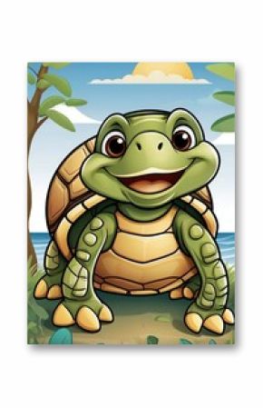 A happy cartoon turtle with large eyes, a big shell with simple pattern details illustration image.