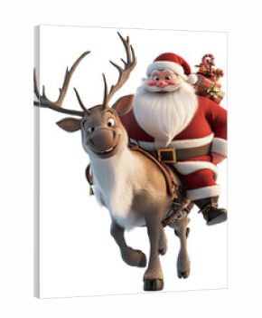 3D cartoon Santa Claus Riding on the back of reindeer, Merry Christmas and happy new year, Full body, isolated on white background, png