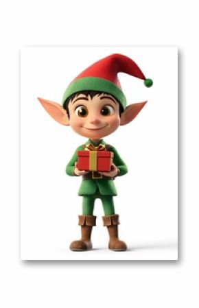 A whimsical cartoon elf with pointed ears in a green outfit and red hat joyfully holds a sparkling gift against a white background.