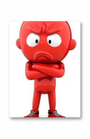 A red cartoon character with an angry expression, arms crossed, standing confidently.