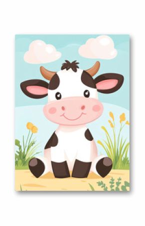 a cute cartoon cow sitting in grass