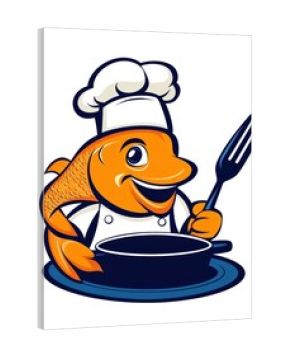 Happy cartoon fish chef holding a fork and pan.
