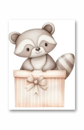Cute raccoon with a gift watercolor illustration