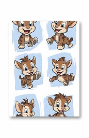 Six adorable cartoon hyena cubs in various playful poses.
