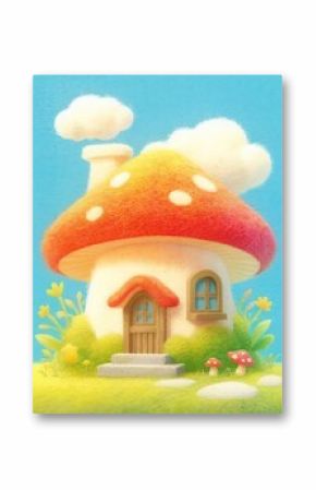 Cute cartoon mushroom house with door, windows, and flowers.