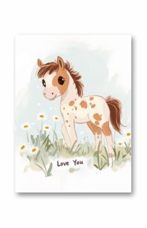 Playful pony with brown spots standing in a field of daisies, drawn in a whimsical cartoon style, "Love You" text