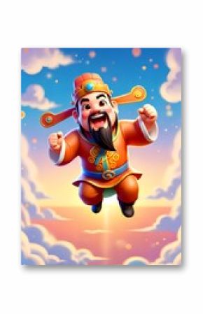 Joyful cartoon god of wealth flying above clouds.