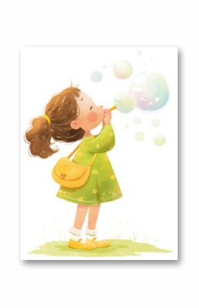 PNG A cute girl blowing bubbles child illustration style.