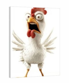 Funny cartoon white chicken screaming with bulging eyes, open beak and raised wings on white background