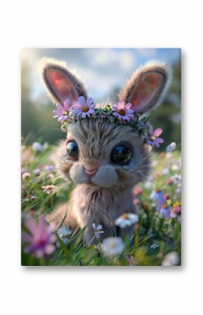 Cute 3D cartoon rabbit with a flower crown in a field of flowers