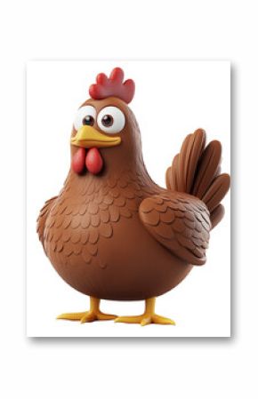 Cute brown cartoon chicken with red comb isolated on a transparent background