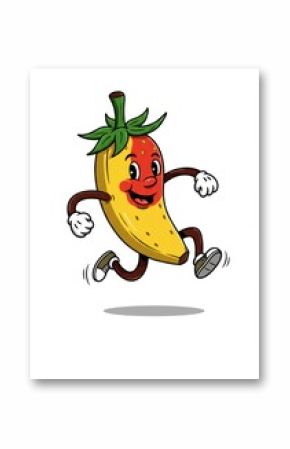 Playful cartoon banana with strawberry face jumping happily