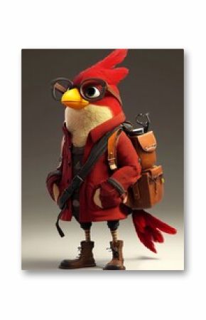 A stylized red bird character wearing glasses and a red jacket, ready for adventure with a backpack.