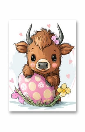 Adorable baby yak holding a pastel Easter egg.