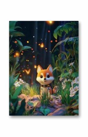 Enchanted Forest Pup: A cute, cartoonish Shiba Inu dog sits amidst a mystical, glowing forest, surrounded by fireflies, creating a whimsical and heartwarming scene.  