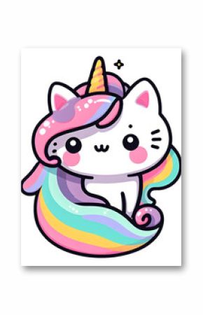 A cute cartoon unicorn cat with rainbow hair. Transparent background sticker