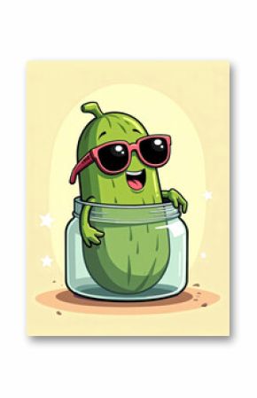 Cute cartoon pickle in jar with sunglasses illustration for fun designs