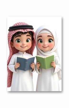 Adorable Muslim Children Reading Books Together