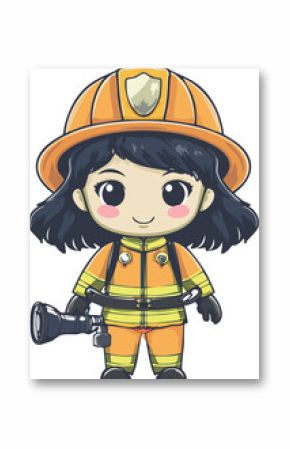 A cute 2D cartoon style firefighter wearing an orange firefighter uniform