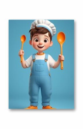a cartoon boy in overalls holding a spoon and a spoon