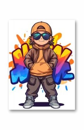 Cool cartoon boy in trendy streetwear, posing against vibrant graffiti art.